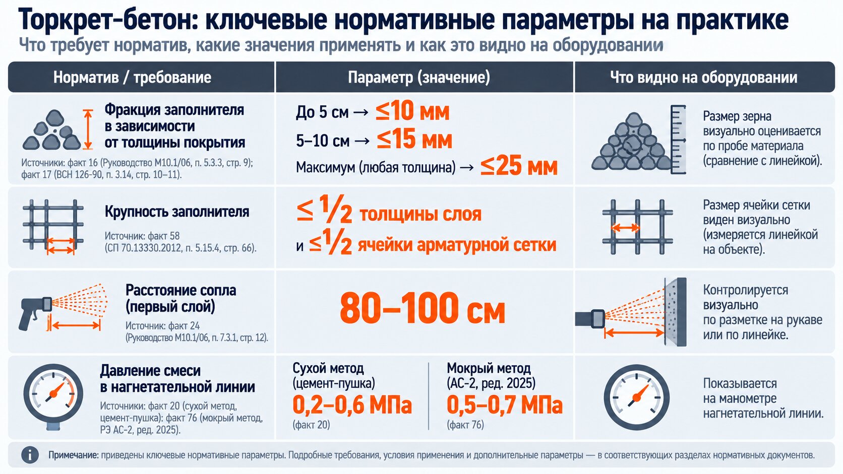 Итоговая схема торкретирования: от норматива к настройке установки — фракция, давление, дальность, отскок